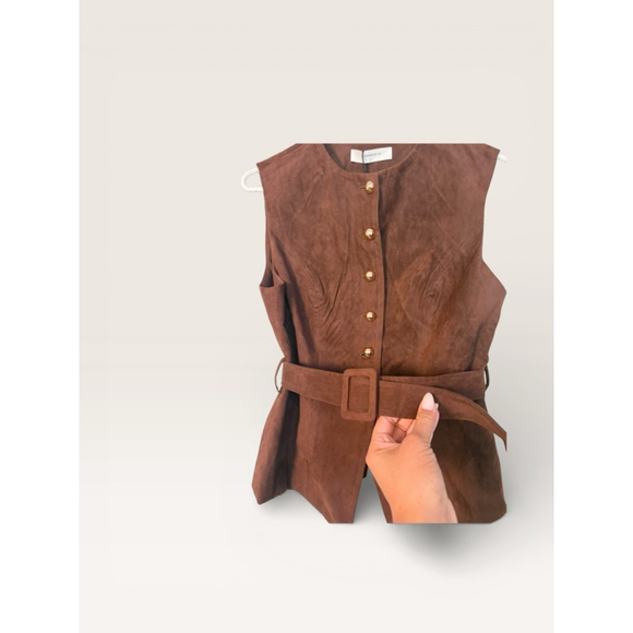 Commense Suede Effect Vest with Belt in Dark Brown - Picture 5 of 9